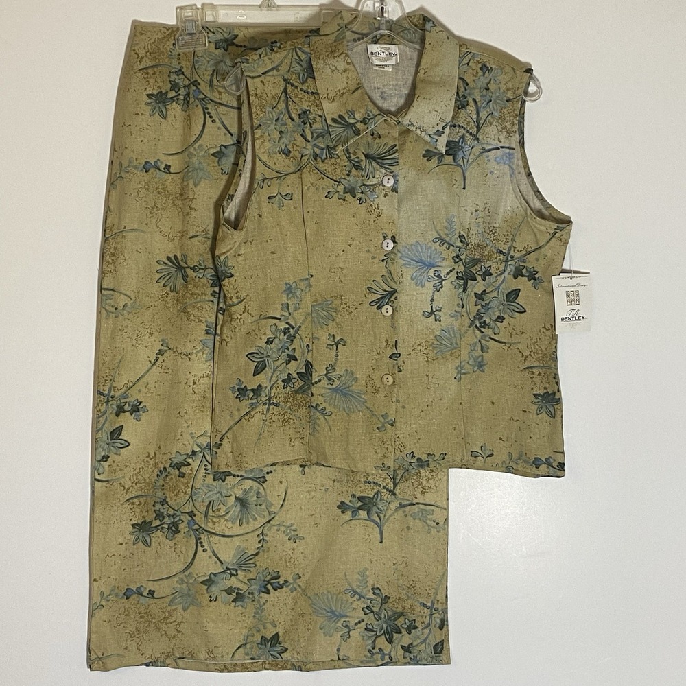 T R Bentley Skirt‎ Set Womens Large Vest Medium Skirt Linen Blend Floral 90s Y2K